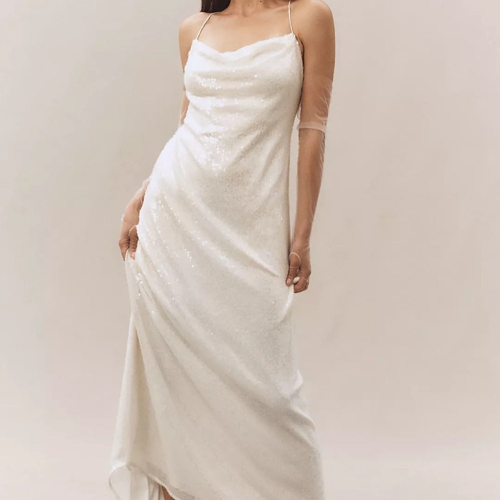 BHLDN Strappy Scoop-Neck Stretch Sequin Slim Maxi Dress